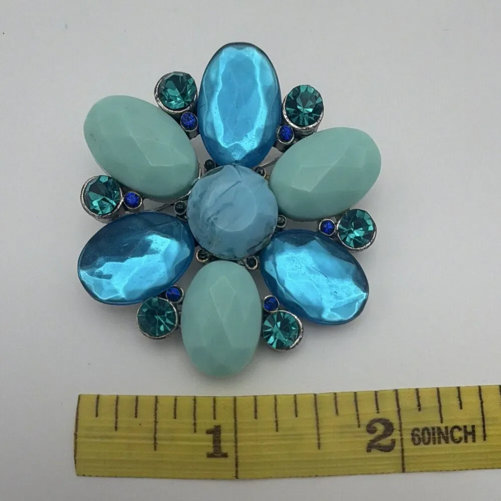 Silver Tone Blue & Green Rhinestone Flower Brooch Pin Prong Set Oval 2 in